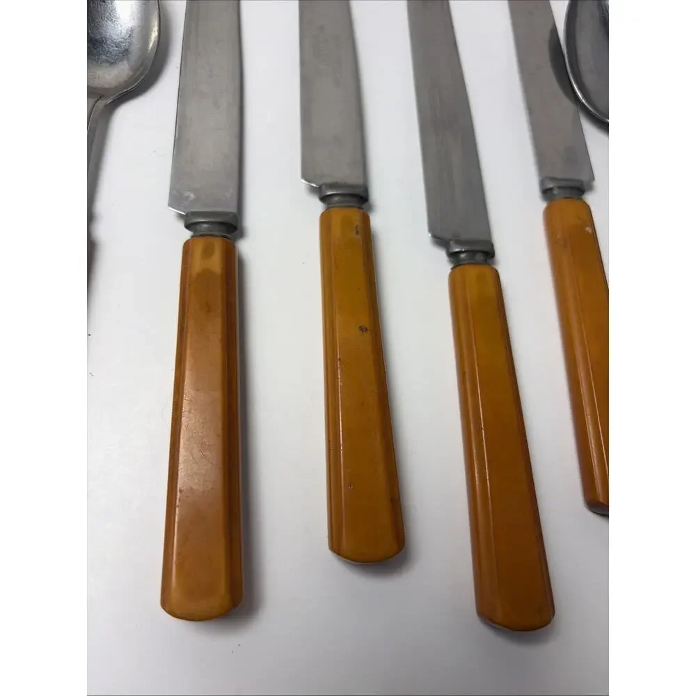 Vintage Butterscotch Bakelite Stainless Flatware 6 Teaspoon, 4 Knives,5 Spoons
